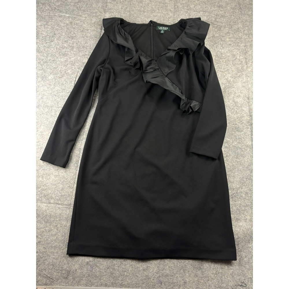 Ralph Lauren Women's 13 Cocktail Dress Black Long Sleeve Ruffled‎ Sheath Classy